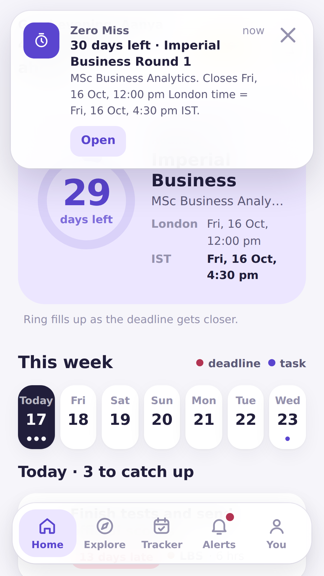 Home screen with the next deadline