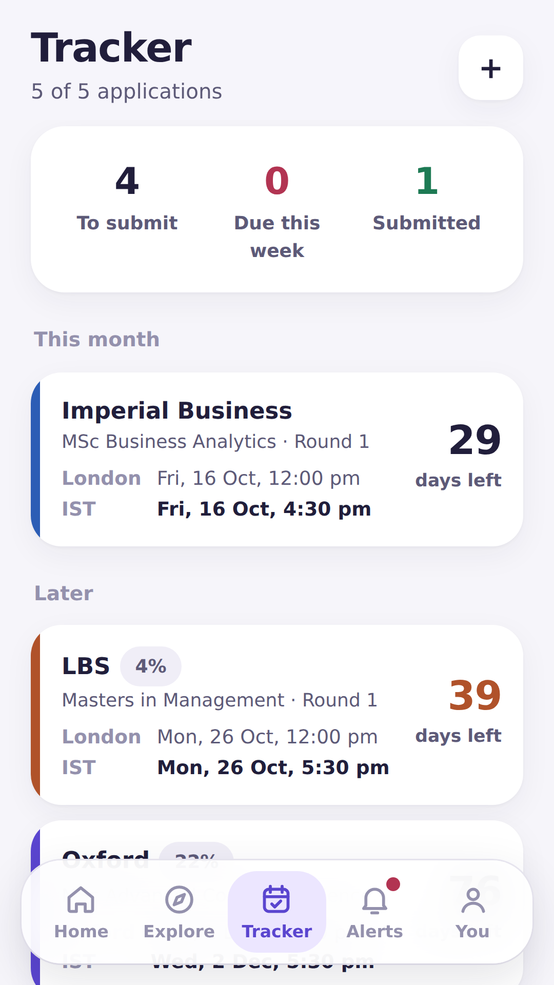 Zero Miss tracker showing upcoming university deadlines with days left
